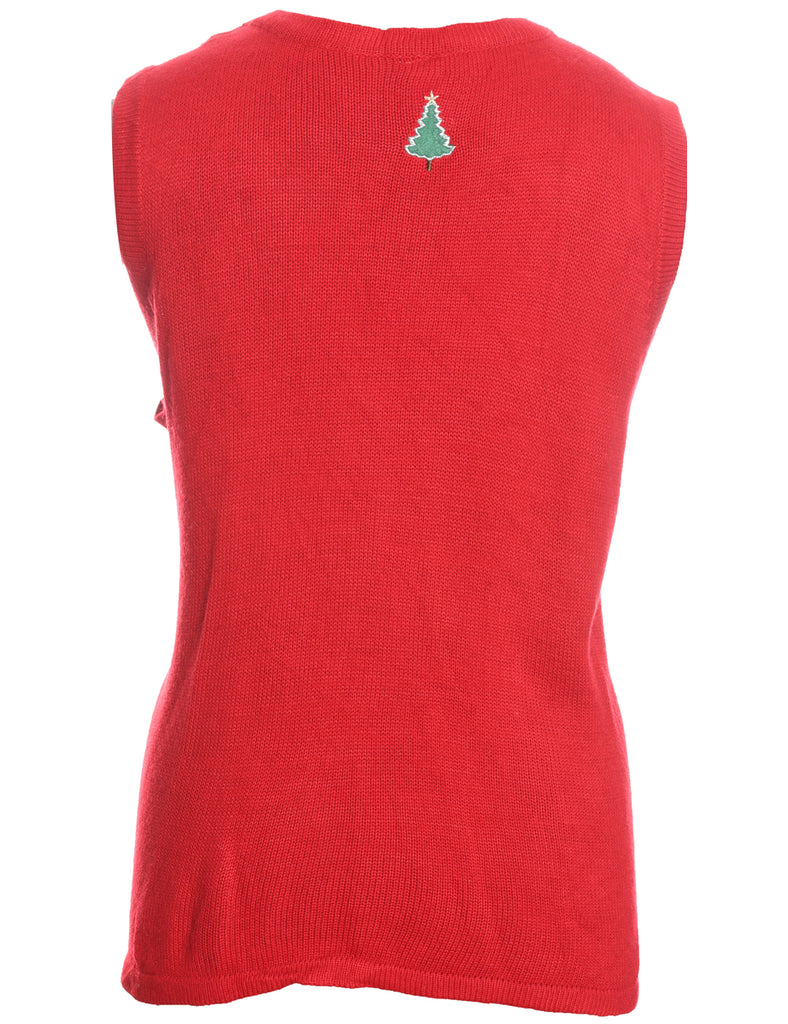 Red Embroidered Pug Design Applique Detail Sweater Vest - XL