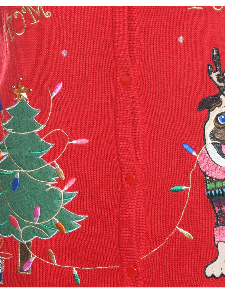 Red Embroidered Pug Design Applique Detail Sweater Vest - XL