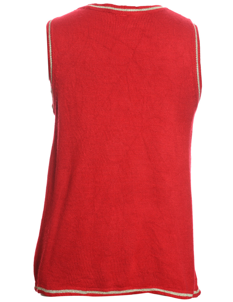Red Embroidered Snowman Design Knit Vest - S