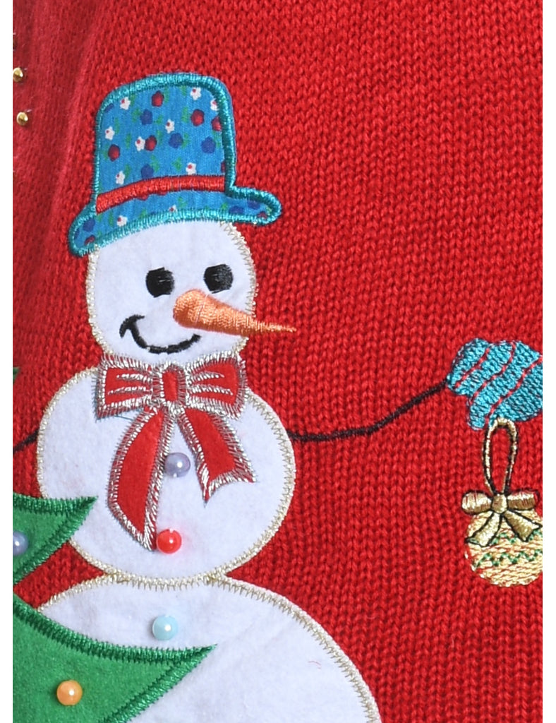 Red Embroidered Snowman Design Knit Vest - S
