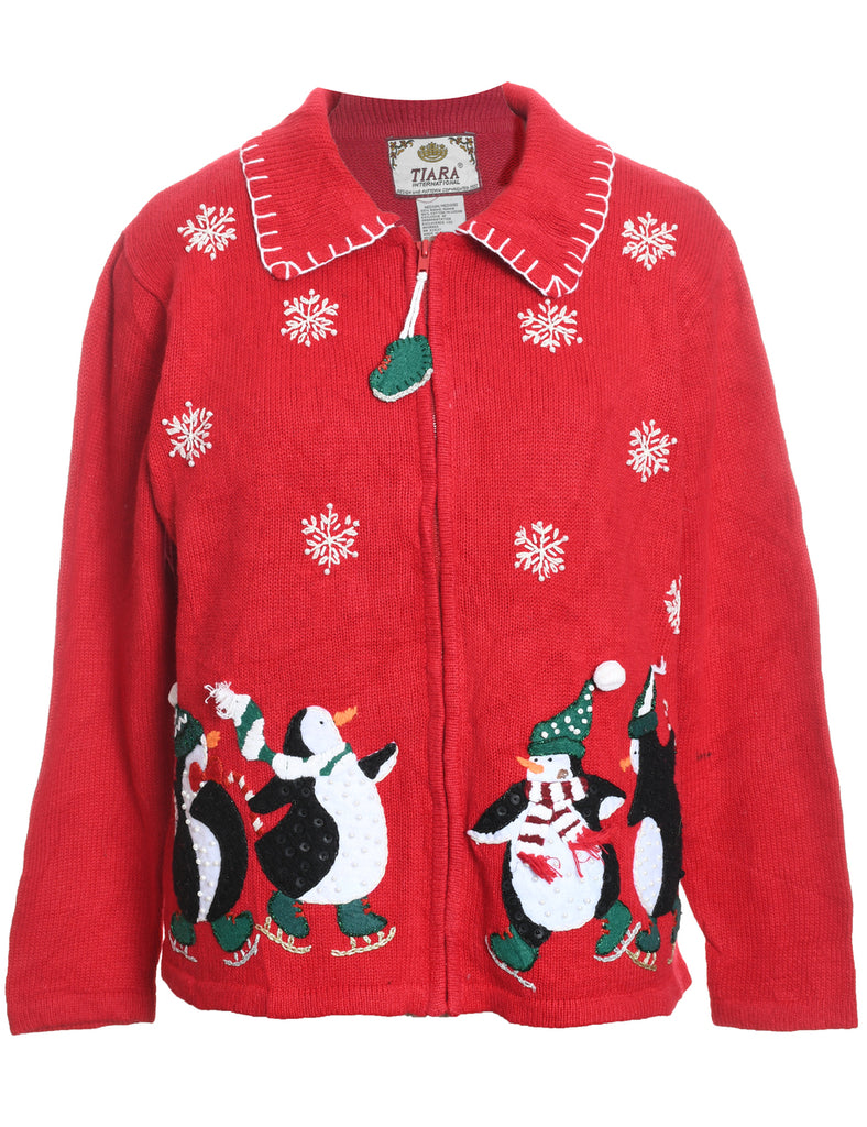 Red Embroidered Zip-Front Christmas Cardigan  - M