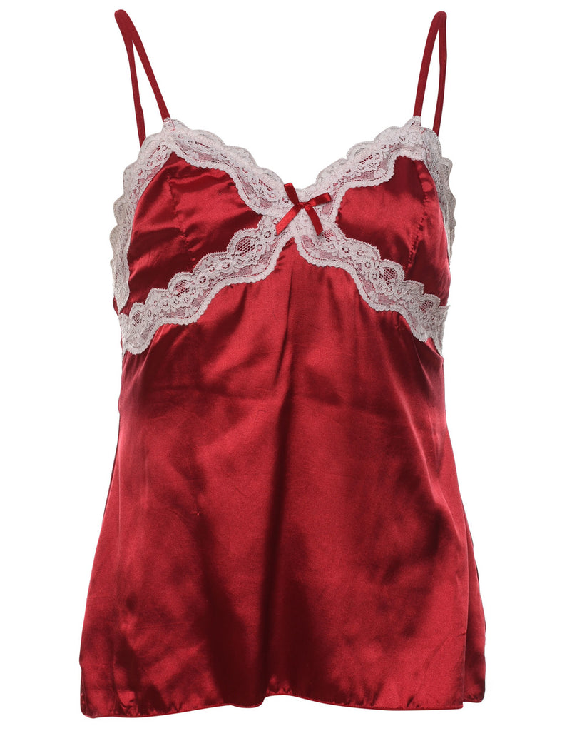 Red & Off-White Lace Trim 1990s Cami Top - M