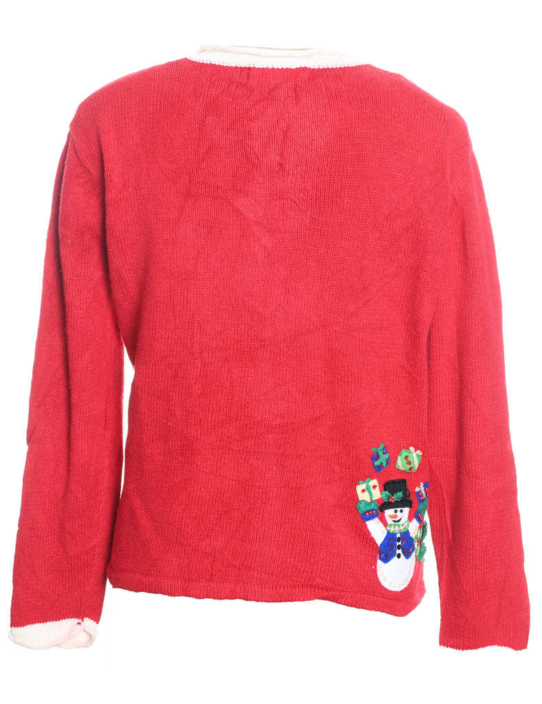 Red Snowman Design Embroidered Zip-Front Cardigan  - M