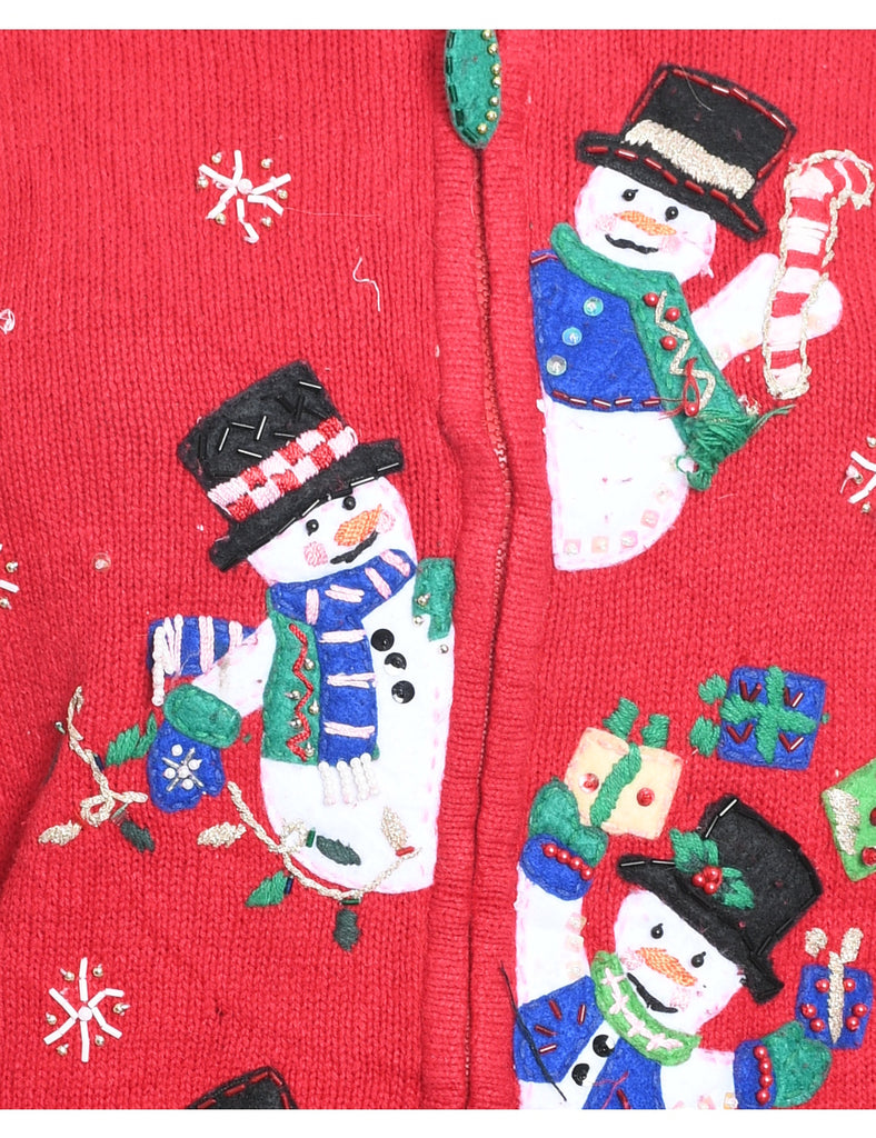 Red Snowman Design Embroidered Zip-Front Cardigan  - M