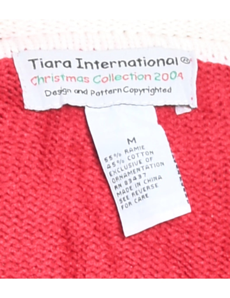 Red Snowman Design Embroidered Zip-Front Cardigan  - M