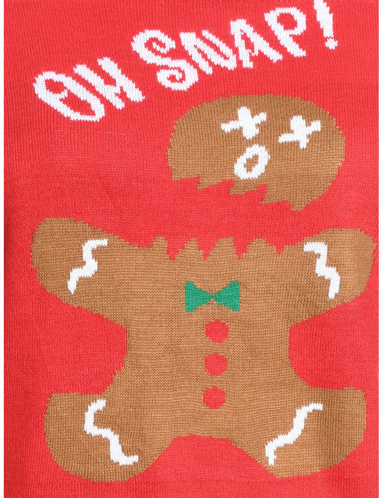 Red & White Knit Gingerbread Design Christmas Jumper - M