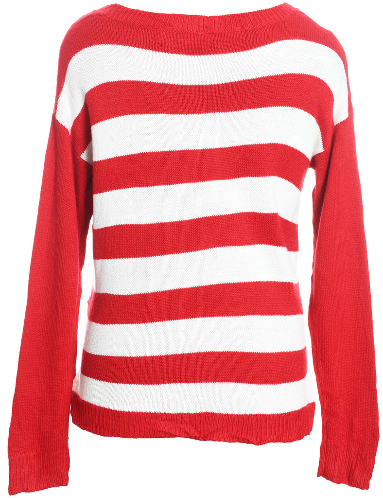 Reindeer Design Red & White Knit Christmas Jumper - L