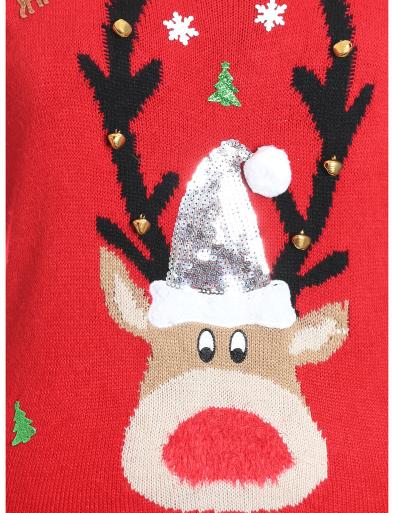 Reindeer Design Red & White Knit Christmas Jumper - L