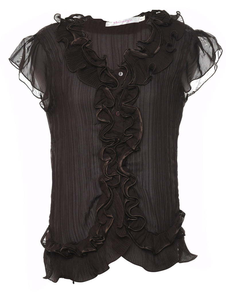 Ruffled Dark Brown Smocked Blouse - L