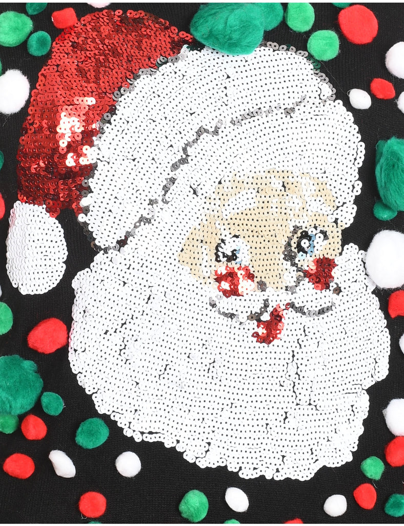 Santa Claus Design Black, Green & Red Sequined Christmas Jumper - M