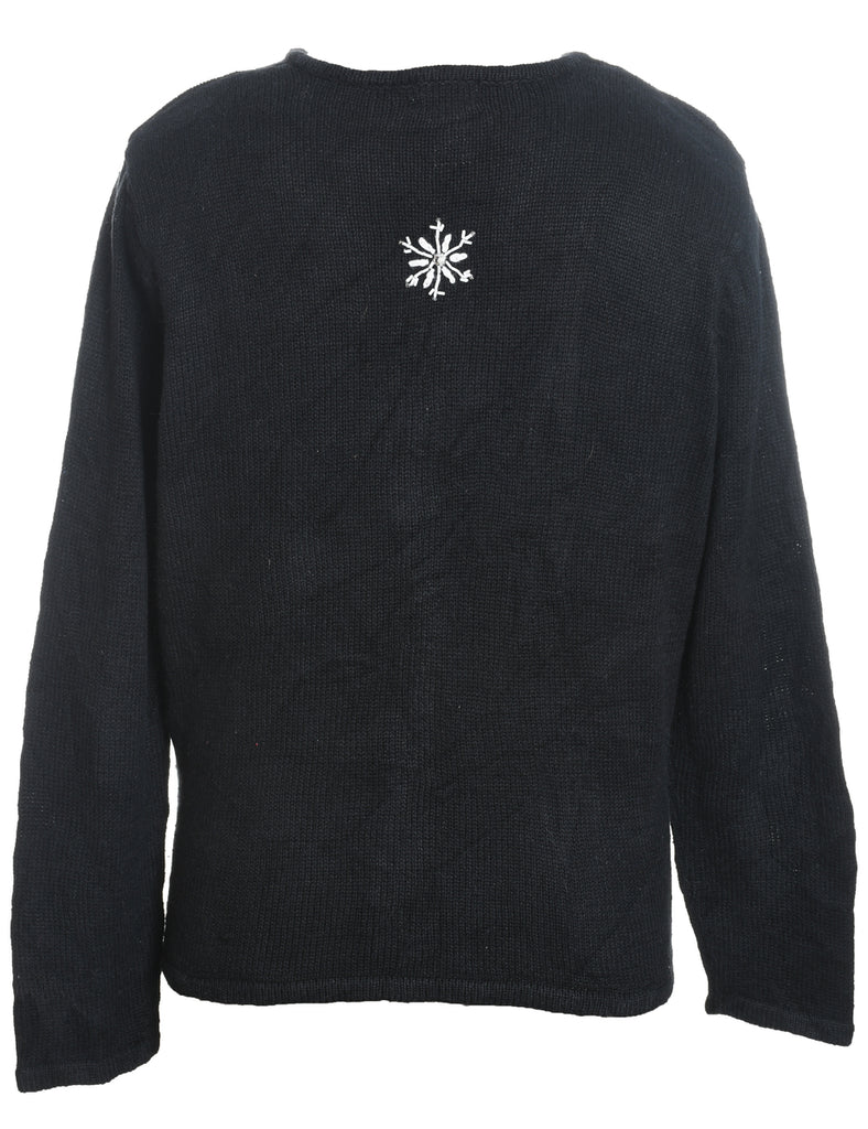 Santa Claus Design Black Zip-Front Christmas Cardigan - M