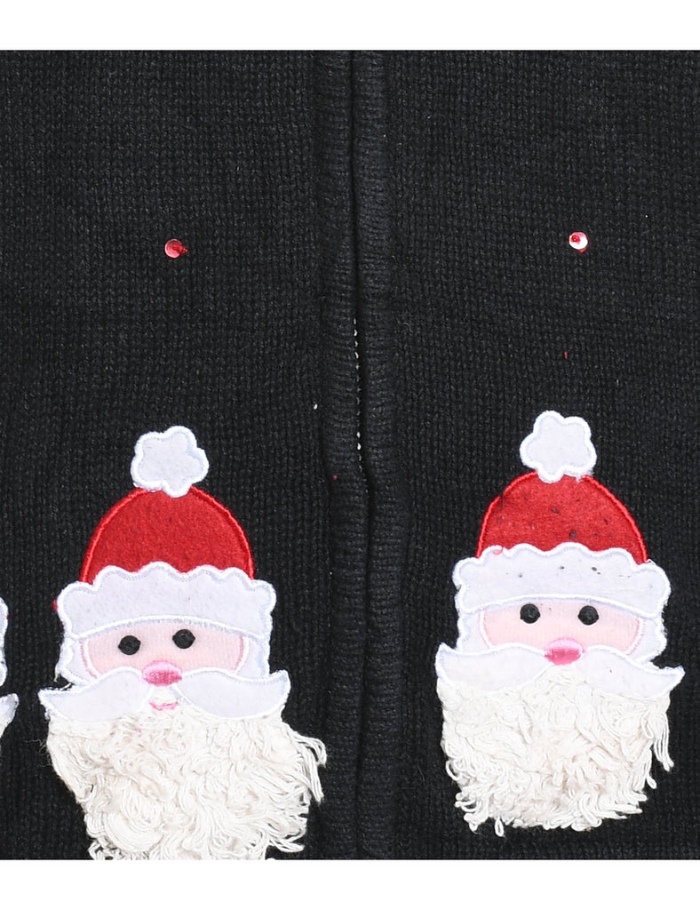 Santa Claus Design Black Zip-Front Christmas Cardigan - M