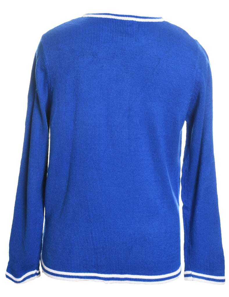 Santa Claus Design Blue Embroidered Christmas Jumper - M