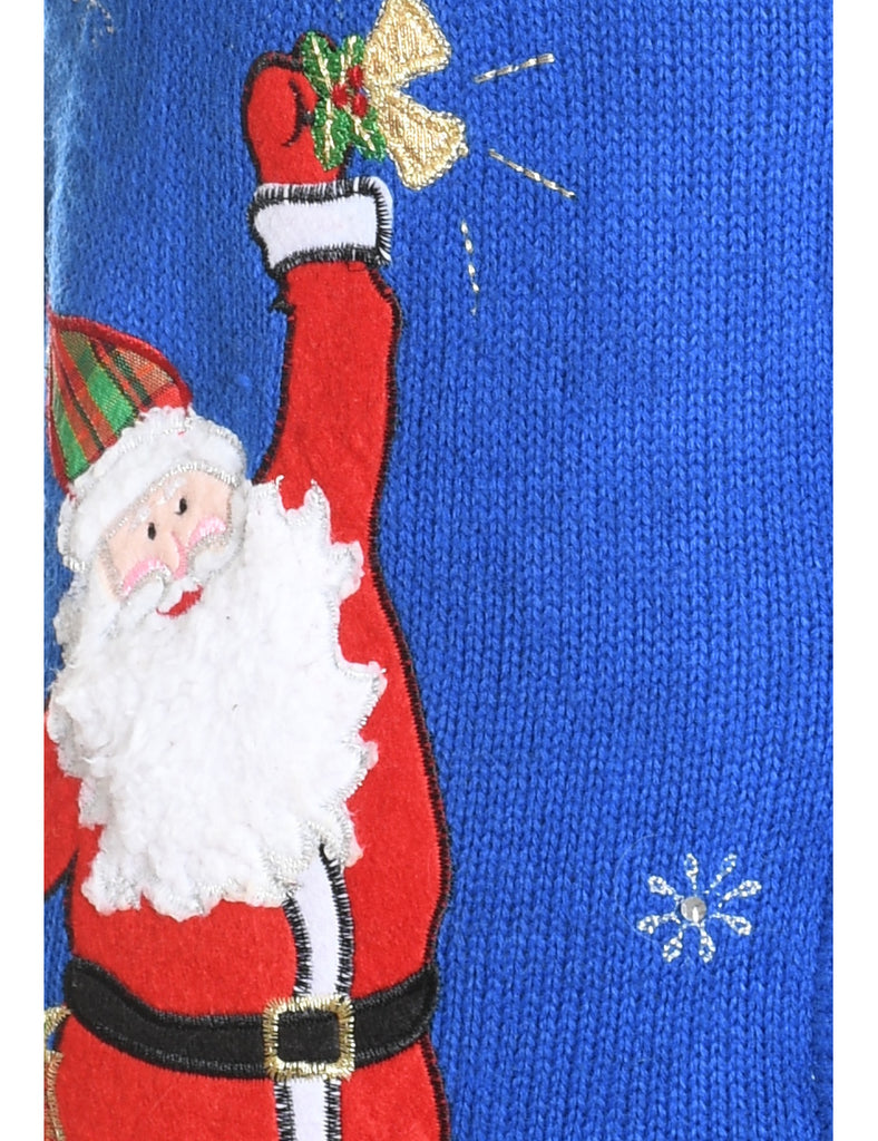 Santa Claus Design Blue Embroidered Christmas Sweater Vest - S