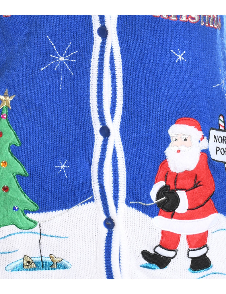 Santa Claus Design Blue Knit Christmas Sweater Vest - S