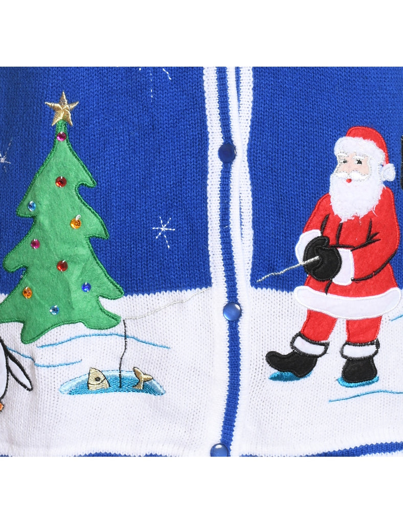 Santa Claus Design Blue Knit Christmas Vest - S