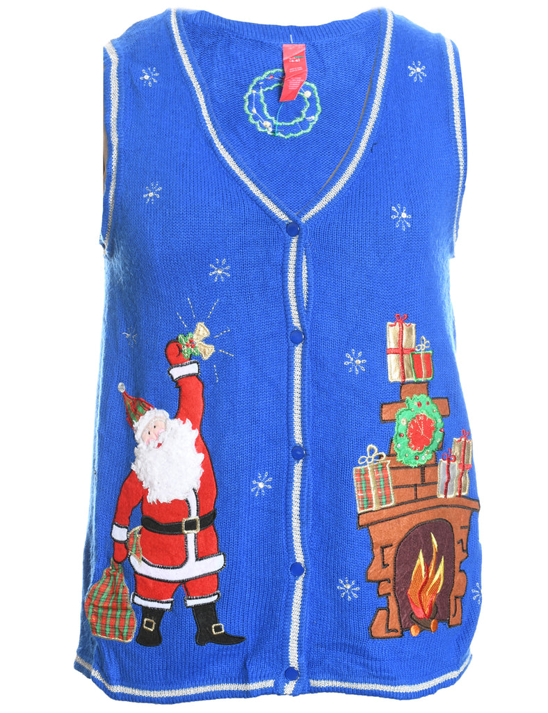 Santa Claus Design Blue Knit Embroidered Vest - S