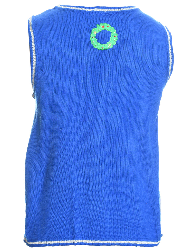 Santa Claus Design Blue Knit Embroidered Vest - S