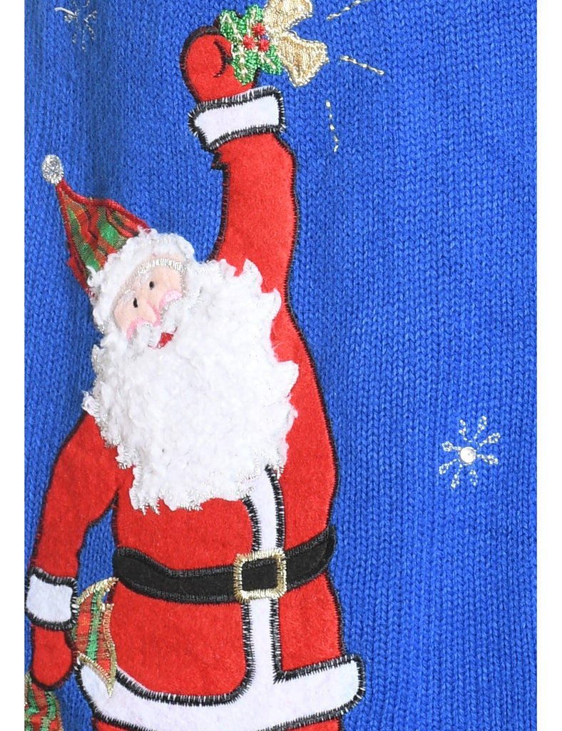 Santa Claus Design Blue Knit Embroidered Vest - S