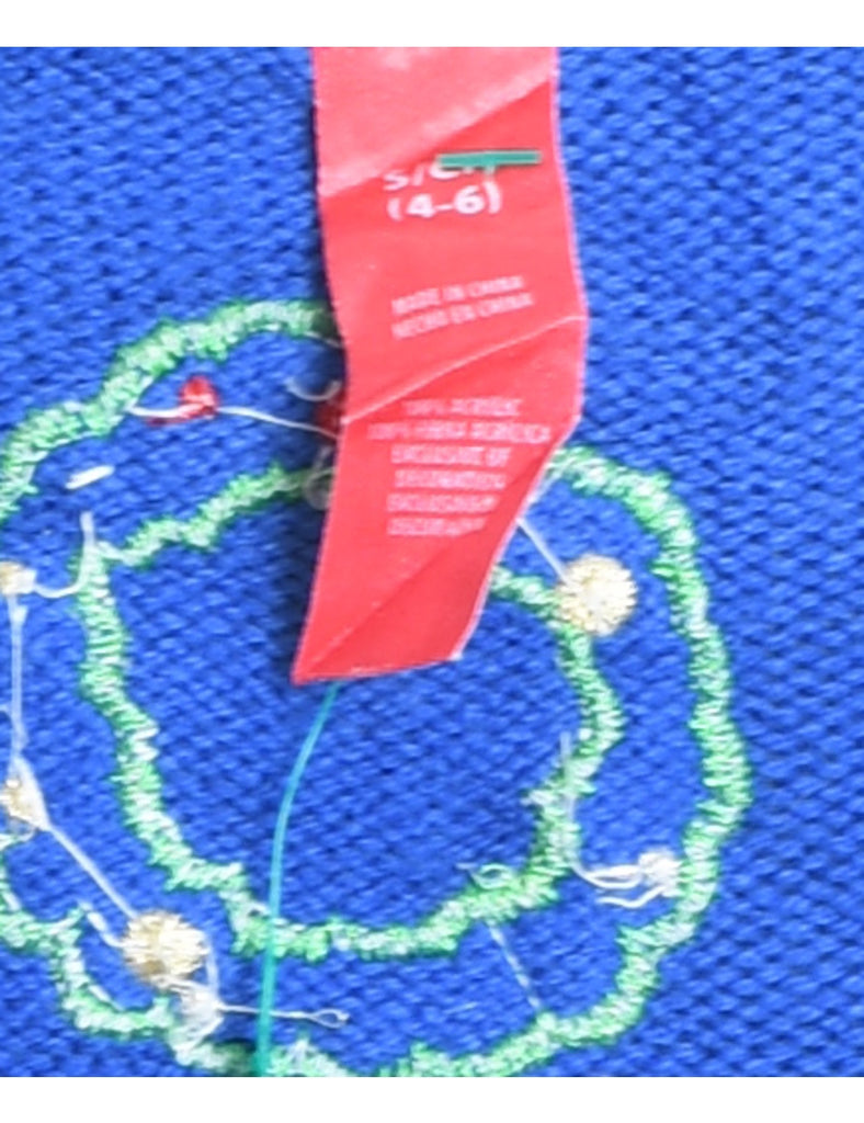 Santa Claus Design Blue Knit Embroidered Vest - S