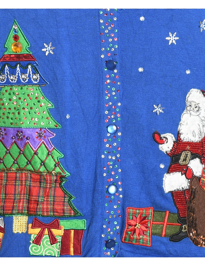 Santa Claus Design Blue Sparkly Christmas Cardigan - M