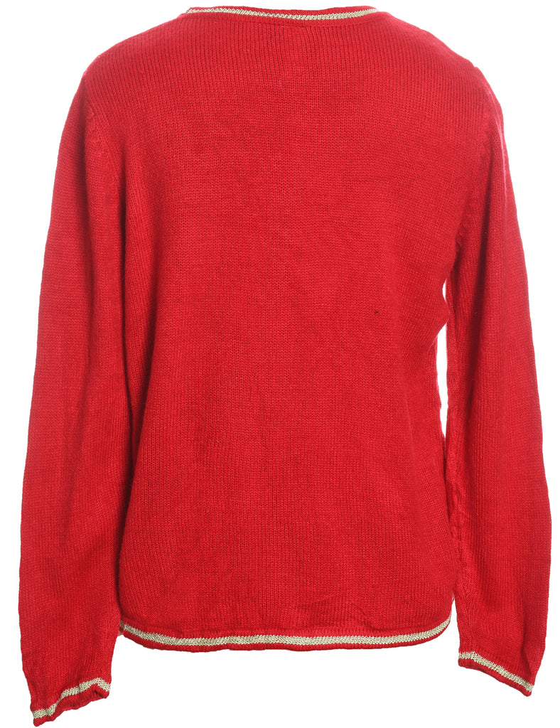 Santa Claus Design Red Embroidered Christmas Jumper - S