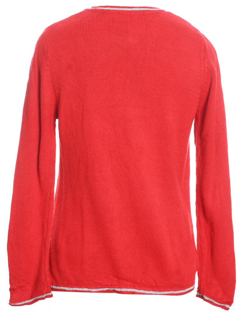 Santa Claus Design Red Embroidered Christmas Jumper - M