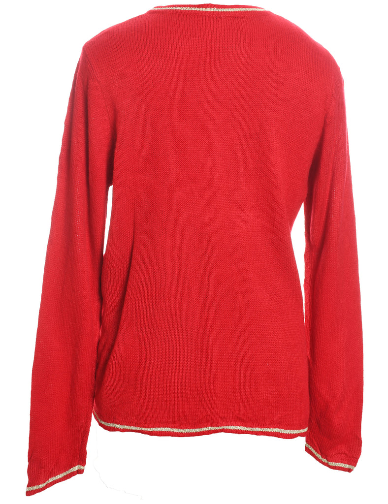 Santa Claus Design Red Embroidered Christmas Jumper - L