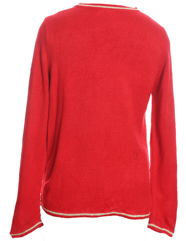 Santa Claus Design Red Embroidered Christmas Jumper - M