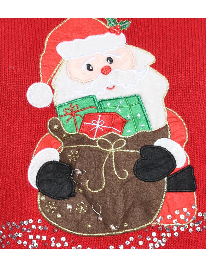 Santa Claus Design Red Embroidered Christmas Jumper - S
