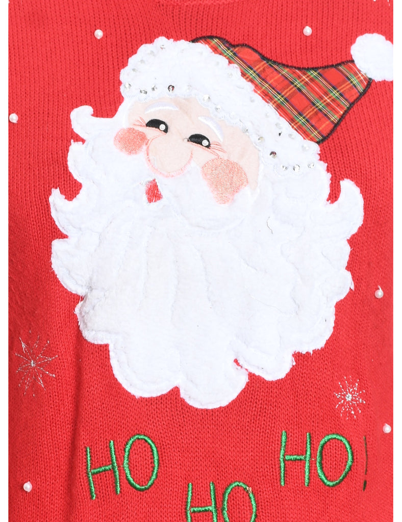 Santa Claus Design Red Embroidered Christmas Jumper - M
