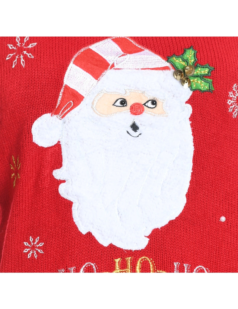 Santa Claus Design Red Embroidered Christmas Jumper - L
