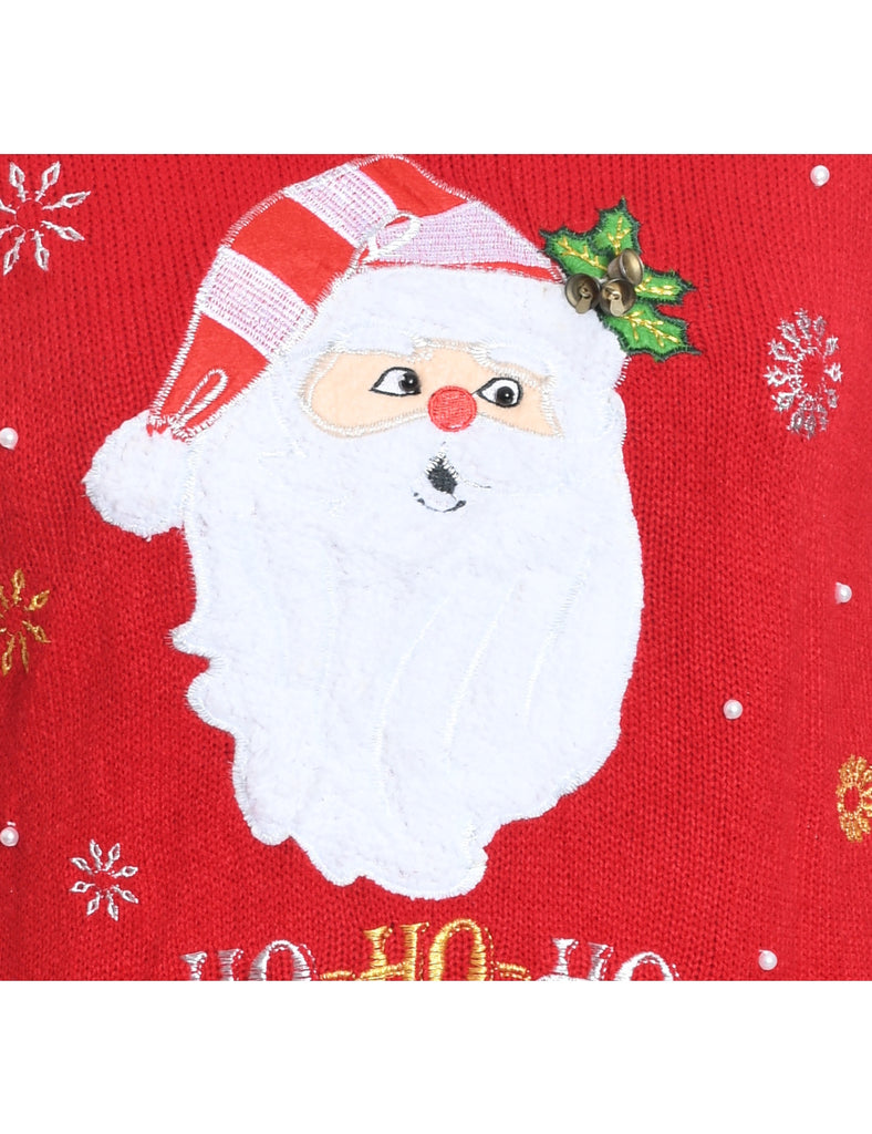 Santa Claus Design Red Embroidered Christmas Jumper - M
