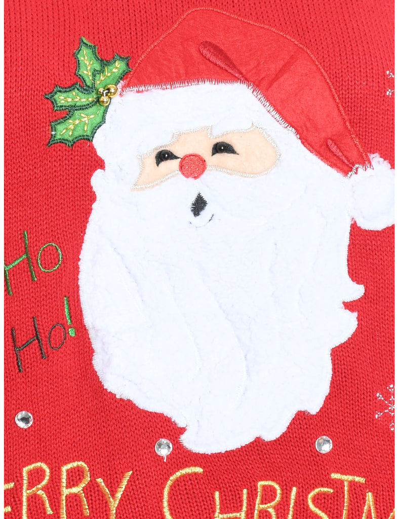 Santa Claus Design Red Embroidered Christmas Jumper - L