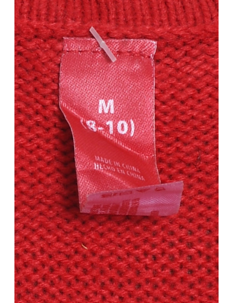 Santa Claus Design Red Embroidered Christmas Jumper - M