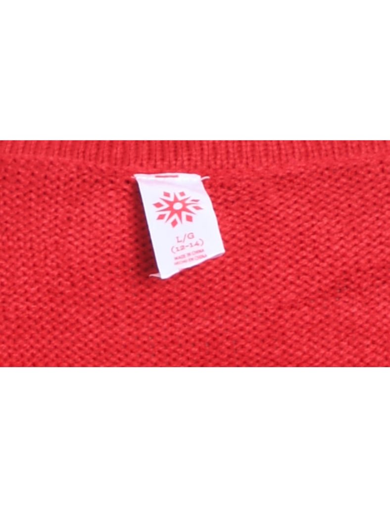 Santa Claus Design Red Embroidered Christmas Jumper - L