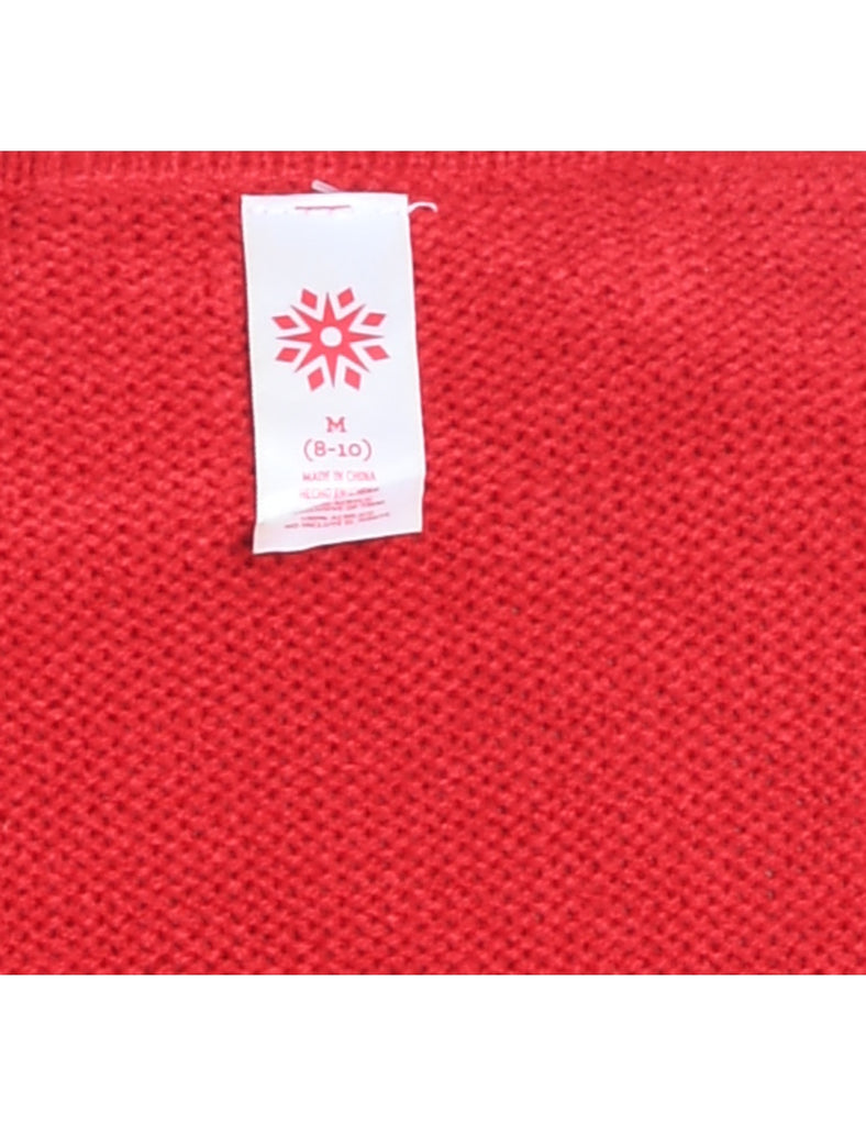 Santa Claus Design Red Embroidered Christmas Jumper - M