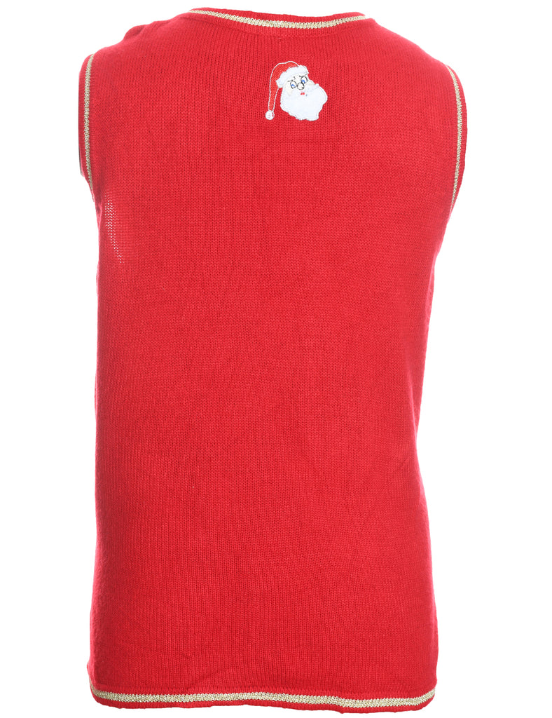 Santa Claus Design Red Embroidered Christmas Vest - L