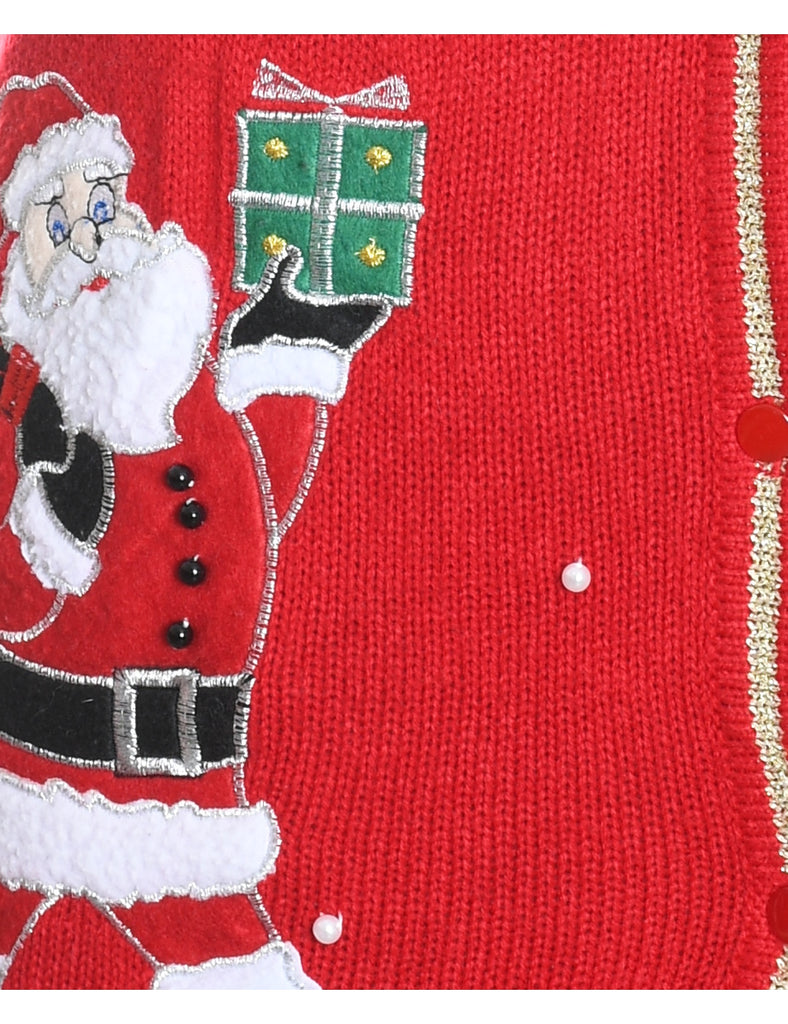 Santa Claus Design Red Embroidered Christmas Vest - L