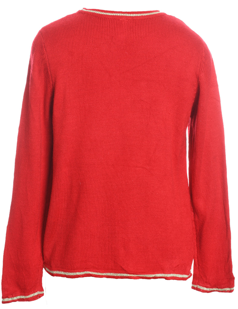 Santa Claus Design Red Embroidered Knit Christmas Jumper - M