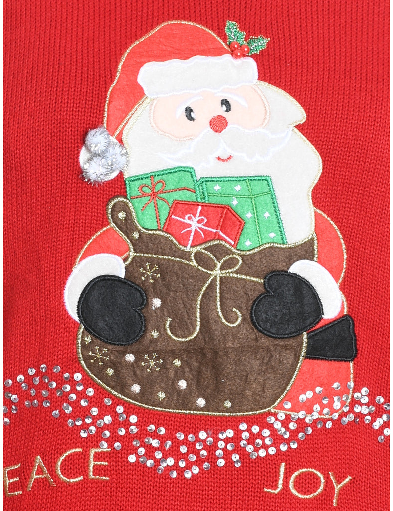 Santa Claus Design Red Embroidered Knit Christmas Jumper - M
