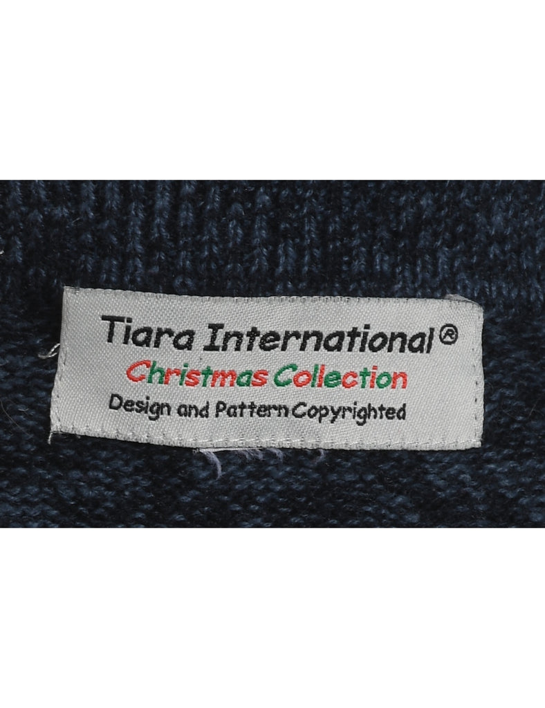 Santa Claus Navy Embroidered Christmas Cardigan - M