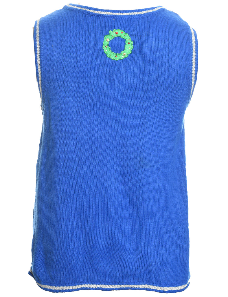 Santa Claus & Reindeer Blue Knit Christmas Vest - S