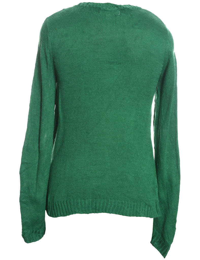 Santa Claus & Reindeer Green Knit Christmas Jumper - L