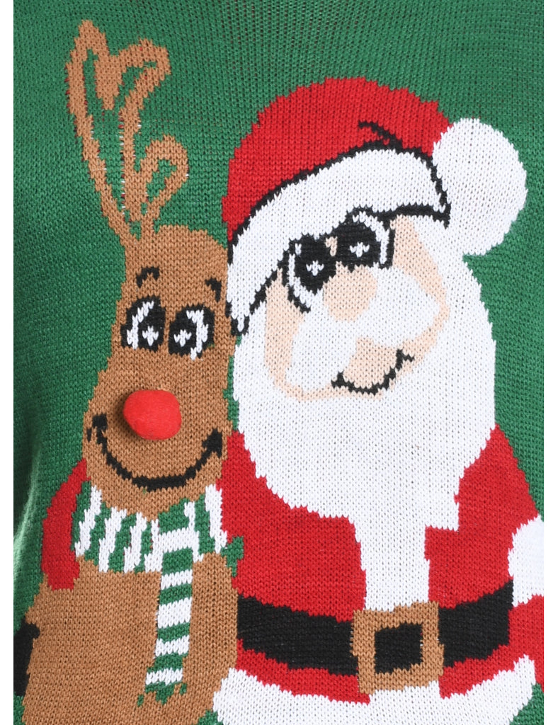 Santa Claus & Reindeer Green Knit Christmas Jumper - L