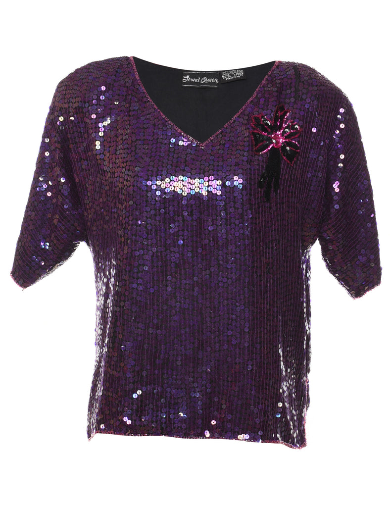 Sequined & Beaded Silk Party Top - M