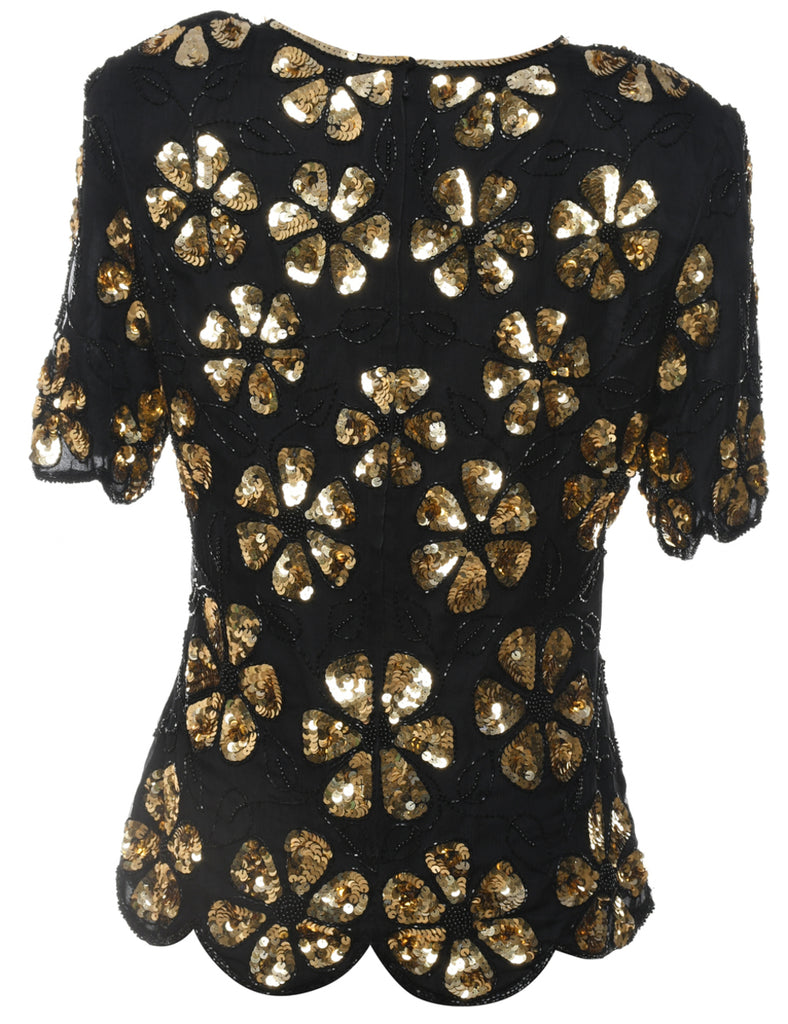 Sequined & Beaded Silk Party Top - M