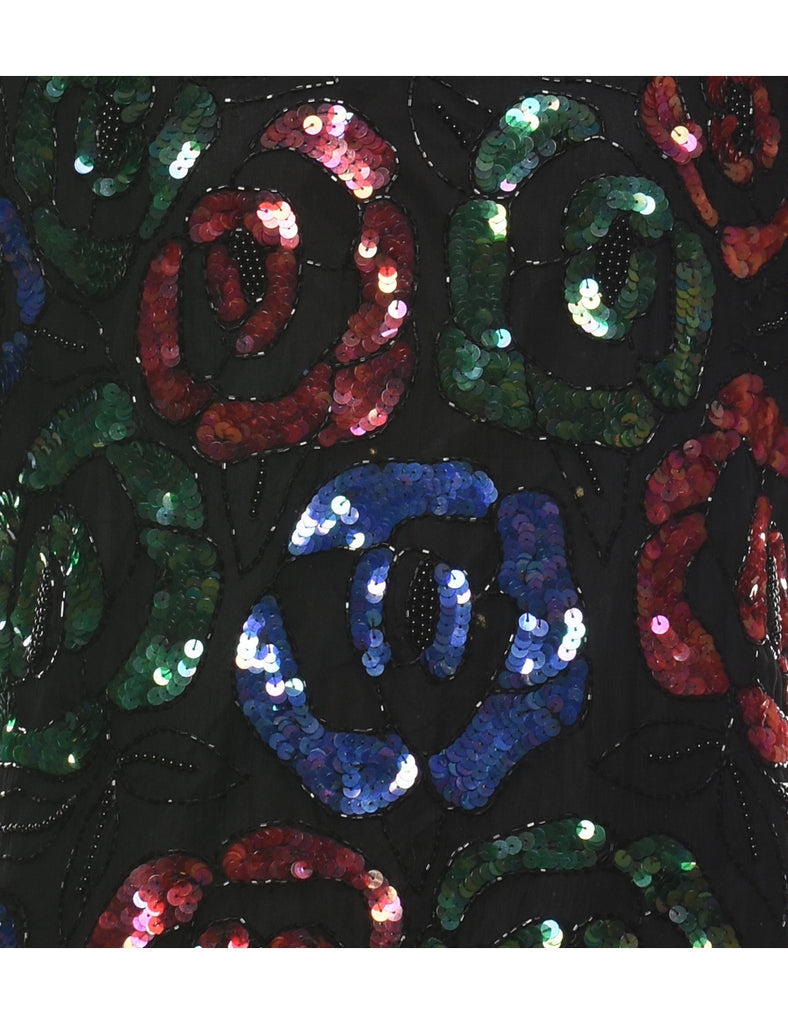 Sequined & Beaded Silk Party Top - L