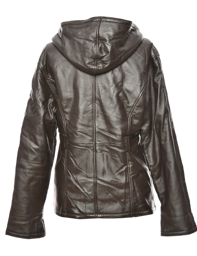 Shearling Lined Dark Brown Hooded Leather Jacket - L