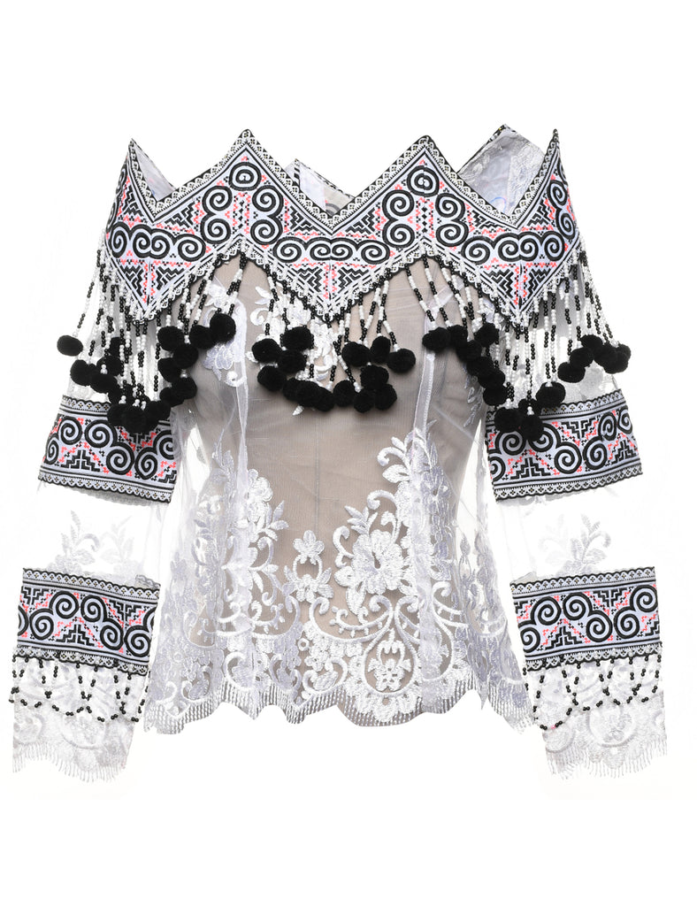 Sheer Effect Embroidered Evening Top - M